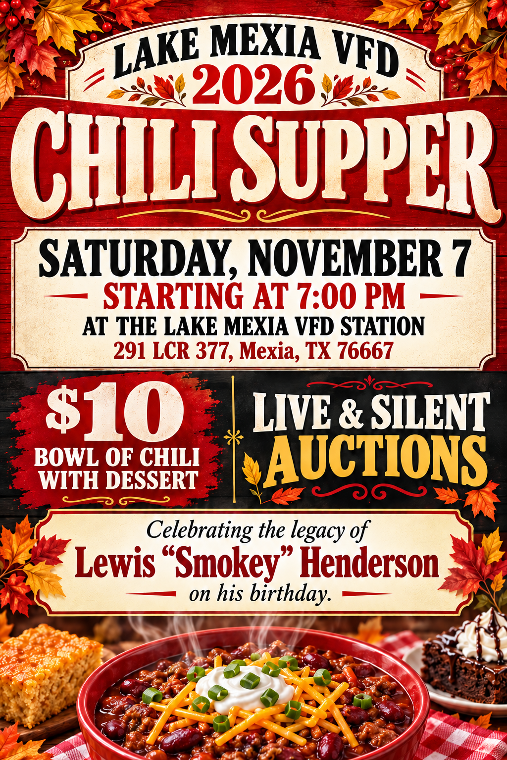 Lake Mexia VFD 2026 Chili Supper flyer: Saturday, November 7 at 7 p.m. at the station, 291 LCR 377, Mexia, Texas. Ten dollars for chili and dessert, with live and silent auctions.